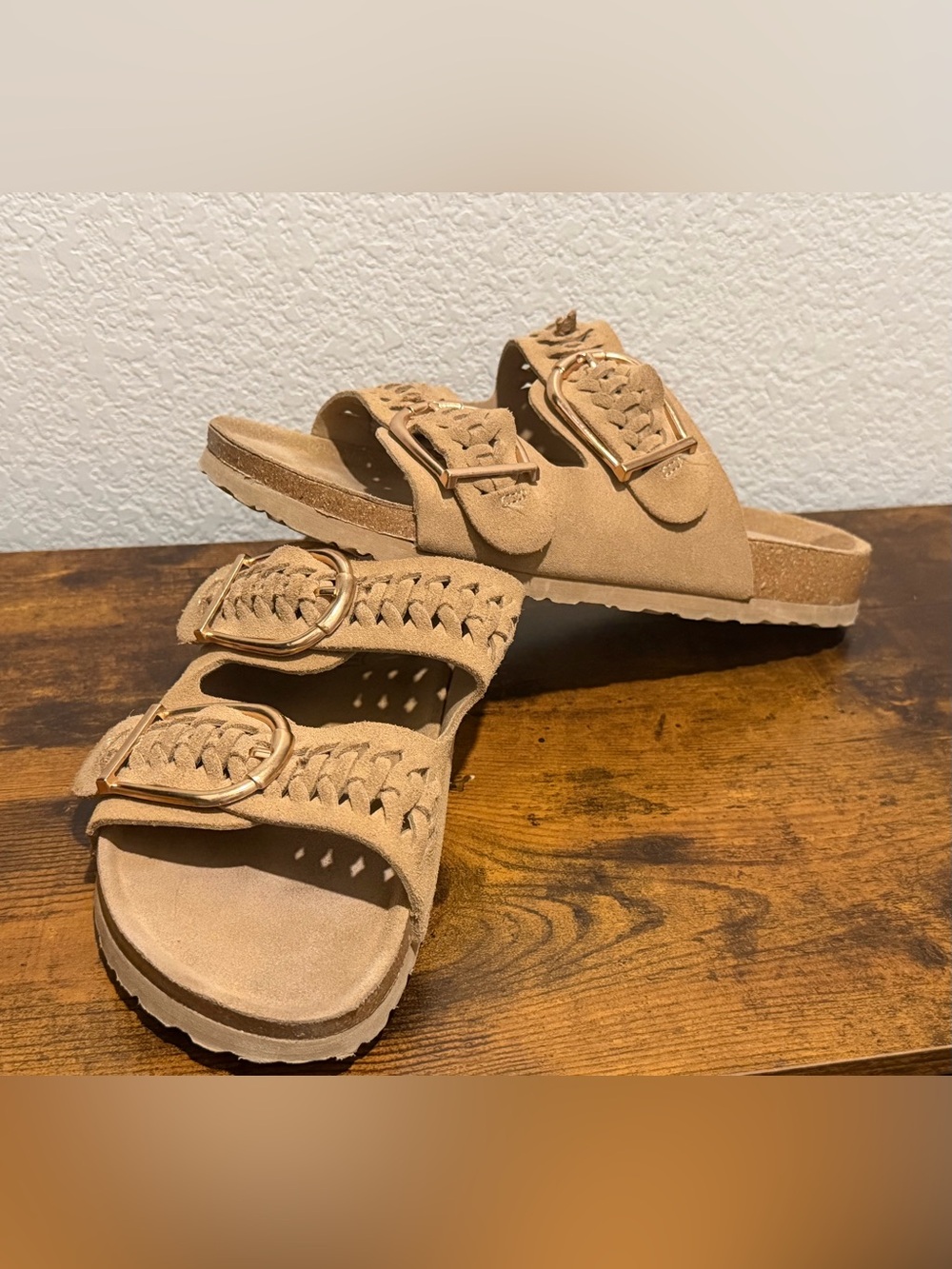 Suede Double-Buckle Slide Sandals in Tan